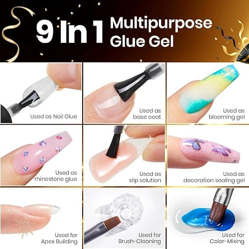 Beetles 9 in 1 Gel Nail Glue for Acrylic Nails Tips, 2 Pcs 10ml Super Strong Nail Glue for Clear False Nails Tips Base Coat Rhinestones Blooming Art Christmas Nails Long Lasting U V Light Cure thumbnail 4