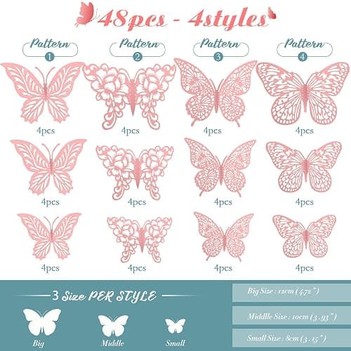 3D Pink Butterfly Wall Decor 3 Sizes 4 Styles Butterfly Party Decorations Cake Decorations Removable Stickers Wall Decor Room Mural Metallic Kids (Pink, 48Pcs) thumbnail 3