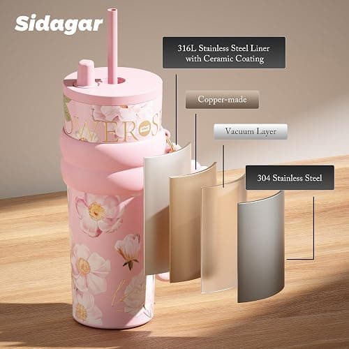 Sidagar 24 oz Stainless Steel Tumbler with Lid and Straw, Insulated Coffee Mug, Leak Proof, Portable Iced Travel Water Bottle, Reusable Thermal Coffee Cup, Floral Pink thumbnail 7