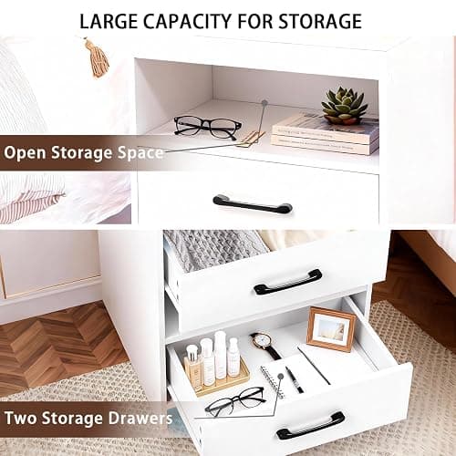 ansefe Night Stand with Charging Station and Ambient Light, LED Nightstand with USB-C Ports and Outlets, Morden Bedside Table with 2 Drawers and Open Compartment, End Table for Bedroom, White thumbnail 3