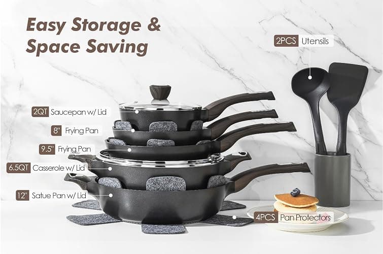 SENSARTE Pots and Pans Set Non stick, Non toxic Healthy Induction Cookware Set, 14 Pcs Non Stick Kitchen Cooking Set with Frying Pans Set & Saucepan, PFOA PFOS APEO Free, Black thumbnail 3