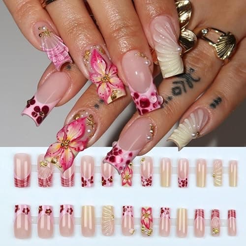 24Pcs Summer Press on Nails Medium Square Fake Nails with Pearl Rhinestones Designs Gold Starfish Seashell Glue on Nails 3D Flower Acrylic Nails Beach False Nail French Tip Stick on Nail for Women thumbnail 6