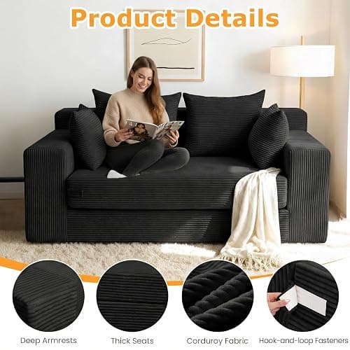 55" Small Boneless Couch, 3-in-1 Boneless Loveseat Sleeper Sofa Bed Convertible Sofa Bed with 4 Pillows, Black Corduroy Boneless Couch for Living Room, Guest Room, Small Space, No Assembly Required thumbnail 6