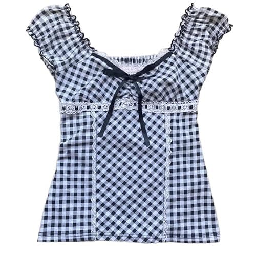 Women Fairy Grunge Y2K Shirts Summer Short Sleeve Lace Patchwork Tee Tops Vinatge E-Girls Aesthetic Clothes - Image 1