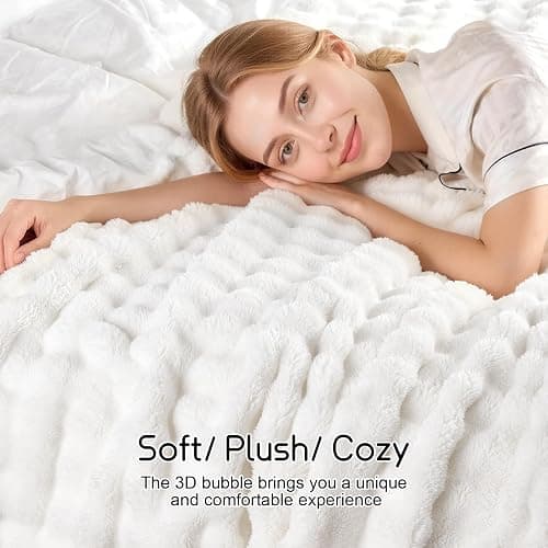 Lotus Karen 3D Bubble Fleece Blanket for Couch - Ultra Soft Fluffy White Throw Blanket for Sofa Bedroom, Lightweight Cozy Throw for All Season, Adults Women Kids Off White, 50"x60" thumbnail 5