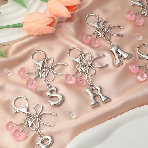 Snycler Bubble Initial Keychain with Bow & Cherry - Silver Letter Bag Charms for Women, Cute Purse Handbag Accessories thumbnail 4