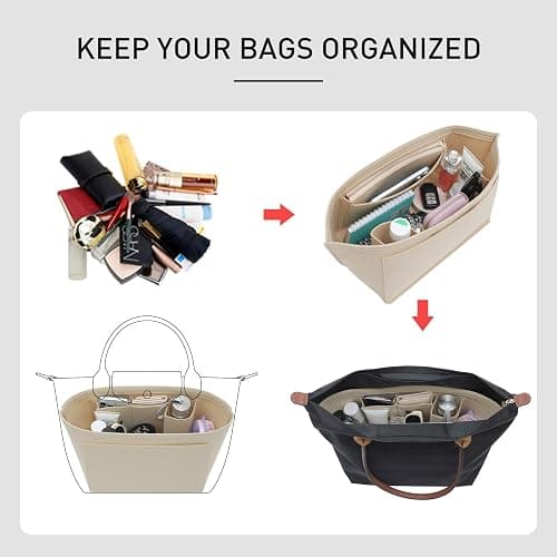 OAikor Felt Purse Organizer Insert for Longchamp Le Pliage L Tote Bag & M Handbag, Zipper Long Champ Bag Organizer Insert with Cup Holder, Women Bags Divider Shaper with 8 Compartments (Beige,L) thumbnail 5