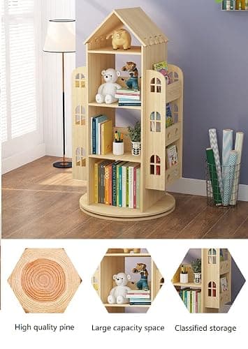 Heehee Rotating Bookshelf 360 Display Floor Standing Bookcase Storage Rack Children's Bookshelf, Wood Book Shelf Organizer Stand for Kids, Storage Book Display Case Bookrack thumbnail 3