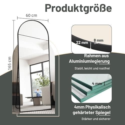 AUFHELLEN Bogen Ganzkörperspiegel 165x60cm, Gewölbter Spiegel mit Schwarz Metallrahmen Standspiegel HD Groß Bodenspiegel Wandspiegel mit Haken für Wohn-, Schlaf- und Ankleidezimmer Spiegel thumbnail 3