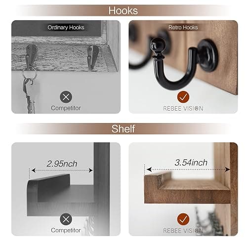 Rebee Vision Decorative Key Holder for Wall - Rustic Key Hooks with Shelf and Mail Organizer Wall Mount for Farmhouse Decor Living Room - Home Essentials for New Home (Retro Brown) thumbnail 6