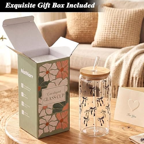 Black Bow Glass Cup with Lids And Straws Cute Halloween Gifts for Women | 16 oz Halloween Glass Cup Iced Coffee Cups Aesthetic Stuff Gift for Haloween Lovers, Women Teacher Teen Girl Gifts thumbnail 5