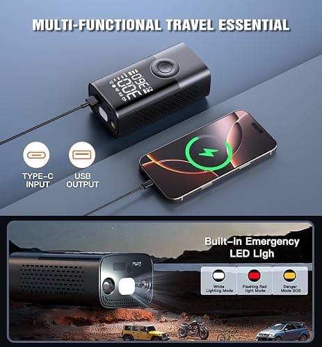 Tire Inflator Portable Air Compressor Portable Cordless Mini Air Pump with Digital Pressure Gauge Inflater 150PSI 3X Fast Inflation Auto Shutoff Large Battery Tires Pump for Cars Motors Bikes Balls thumbnail 6