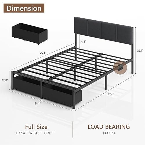 Furnulem Full Size Bed Frame with Headboard, Upholstered Full Bed Frame with LED Light, USB Charging Station, Platform Bedframe with 2 Fabric Underbed Storage Drawers, No Spring Box Needed thumbnail 2
