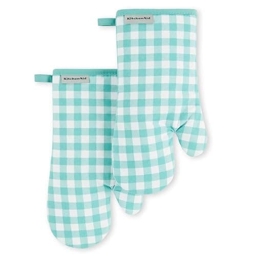KitchenAid Gingham Oven Mitt 2-Pack Set, Aqua Sky, 7"x13" - Image 1