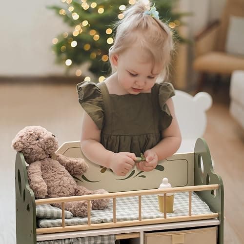 ROBUD Baby Doll Bed,Doll Bed with Storage and Bedding, Sturdy Baby Doll Cribs for Girls,Nice Gift of Doll Beds for 18 Inch Dolls to Children, Green thumbnail 2