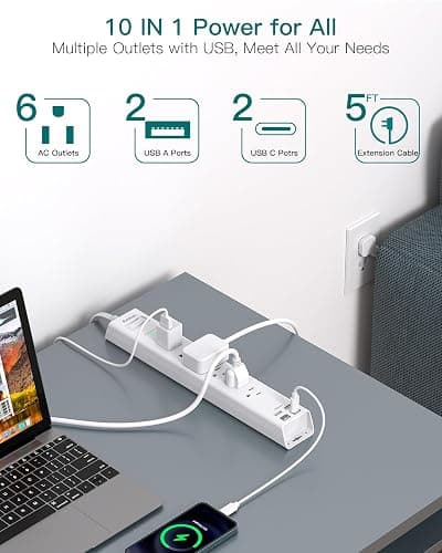 Power Strip Surge Protector - Addtam Extension Cord with 6 AC Outlets and 4 USB Ports (2 USB-C), Flat Plug Extension Cord, Wall Mount for Home, Office, College Dorm Essentials, ETL Listed, White thumbnail 4