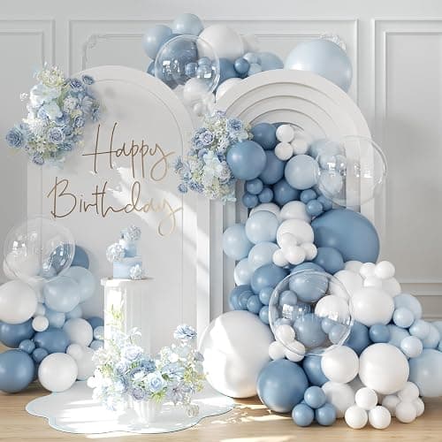 Dusty Blue Balloon Arch Kit 132Pcs Dusty Blue and White Balloon Arch Garland Kit Include Dusty Blue White Pastel Blue Clear Balloons for Birthday Wedding Baby Shower Bridal Party Decorations - Image 1