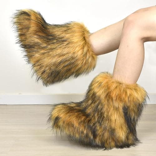 qenqenr Fashion Fur Boots,Flat Heel Comfy Plush Warm Snow Booties,2025 Winter Outdoors Furry Boots,Mid-Calf Faux fur Boot for Women. thumbnail 2
