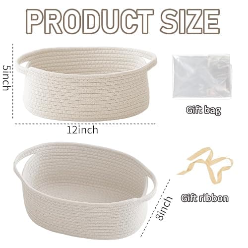 JMvicyroam Woven Basket,Small Rope Storage Bin with Handles & Ribbon Bag, Organizer for Shelves Closets,Gift Basket Empty for Birthday,Books,Dog Toys,White thumbnail 3