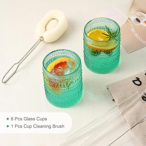 ZMOWIPDL Vintage Glassware Drinking Glasses Set of 6,12 oz Hobnail Glass Cups,Embossed Lake Blue Water Tumbler,for Beer,Cocktail,Whiskey,Juice and Various Mixed Drinks- 1 Cleaning Brush thumbnail 6