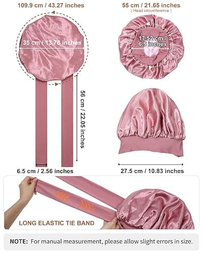 Satin Bonnet for Women Silk Bonnets for Sleeping Curly Hair Bonnet with Elastic Tie Band Reversible Double Layer Sleep Cap Hair Wrap (Bean Paste + Pink) thumbnail 3