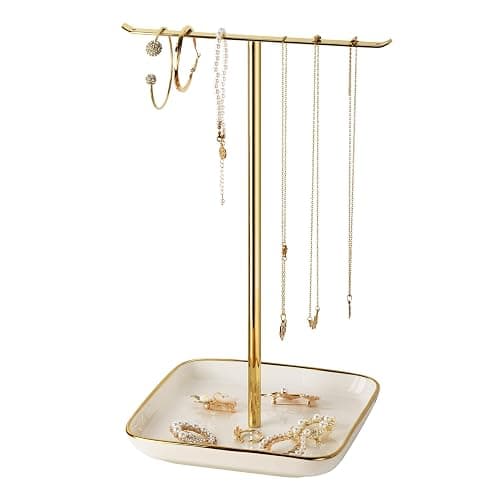 pickpiff Necklace Holder Stand with Ceramic Base: 12" Jewelry Tree Display Organizer for Necklaces, Bracelets, Rings, Earrings, Tall Gold Stand for Women, Aesthetic Room Décor, Gold and White - Image 1