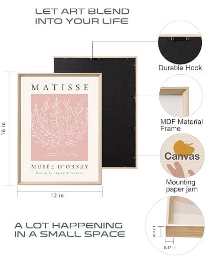 HesenDot Framed Matisse Pink Canvas Wall Art,Abstract Matisse Canvas Wall Decor,16x12IN High Framed Wood Design Print,Minimalist Classic Decor Aesthetic for Living Room,Bedroom,Bathroom Set of 3 thumbnail 3