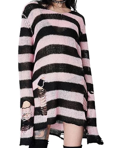 Vinsekep Women's See Through Hole Ripped Striped Long Knit Pullover Dress Sweaters Shirt - One Size - Black&pink thumbnail 4