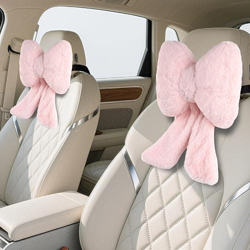 iHUFeather 2 Pack Bow Car Headrest Pillows Plush Neck Pillows for Travel Driving Office Chair Head Support Cushions, Also Cute Car Decor Accessories for Women (Pink) - Image 1