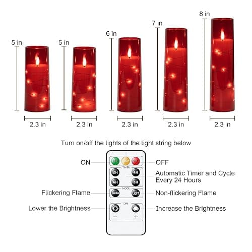Raycare Valentines Day Flameless Candles with Embedded Star String, 5 Pcs Battery Operated Acrylic Pillar Candles with Timer and Remote, LED Candles for Romantic Ambiance and Home Decoration(Red) - Red thumbnail 3