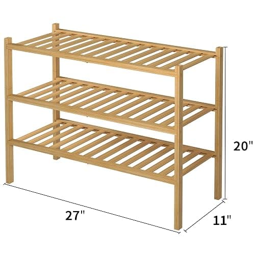 ROMGUAR CRAFT 3 Tier Bamboo Shoe Rack for Closet Free Standing Wood Shoe Shelf Storage Organizer for Entryway Small Space Stackable 27"x11"x20" (Natural) thumbnail 3