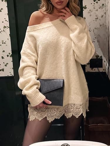 Saodimallsu Womens Lace Patchwork Sweater Long Sleeve Boat Neck Pullovers | Floral Hem, Convertible Neckline, One-shoulder Styling, Soft Knit, Relaxed Fit, Date Night, Office thumbnail 2