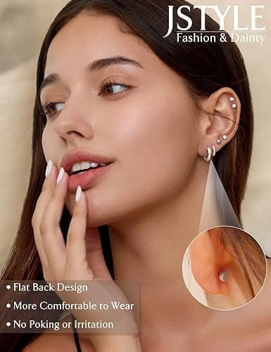 Jstyle Hypoallergenic Stud Hoop Earrings for Women Small Flat Back Surgical Stainless Steel Earrings for Sensitive Ears Trendy Silver Hoops Cartilage Earring Stacks Set Multiple Piercing Jewelry Gifts thumbnail 2