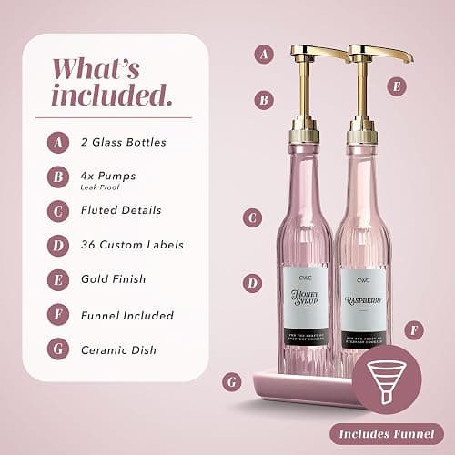 COOK WITH COLOR Glass Coffee Syrup Dispenser with Pump- Set of 2 Syrup Bottles for Coffee Bar, Decorative 350 ML Bottle with Ceramic Holder, Funnel, Labels and Extra Pumps, Textured Pink thumbnail 3