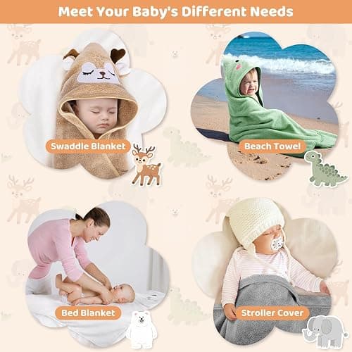 CandyHome 12 PCS Baby Bath Towels Set for Infants Toddlers Essentials | 4 PCS Baby Towels & 8 PCS Washcloths Set, Cute Animal Hooded, Ultra Absorbent & Soft, Newborn Shower Gifts for Boys & Girls thumbnail 7