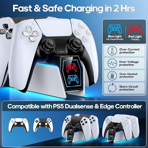 Tokluck PS5 Controller Charger Station - Compatible with Playstation 5 Edge & Dual Controller Gaming, Games Charging Station with Cable, PlayStation Games Dock Stand for with LED Indicators, White thumbnail 2