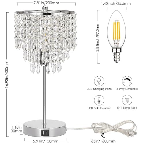 Touch Control Crystal Table Lamp with USB C+A Charging Ports, 3-Way Dimmable Bedside Touch Lamp Decorative Nightstand Lamp with Elegant Lampshade for Living Room Bedroom, B11 LED Bulb Included thumbnail 2