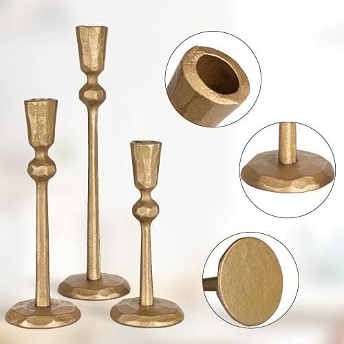 Antique Brass Iron Taper Candle Holder - Set of 3 Decorative Candle Stand, Candlestick Holder for Wedding, Dinning, Party thumbnail 4