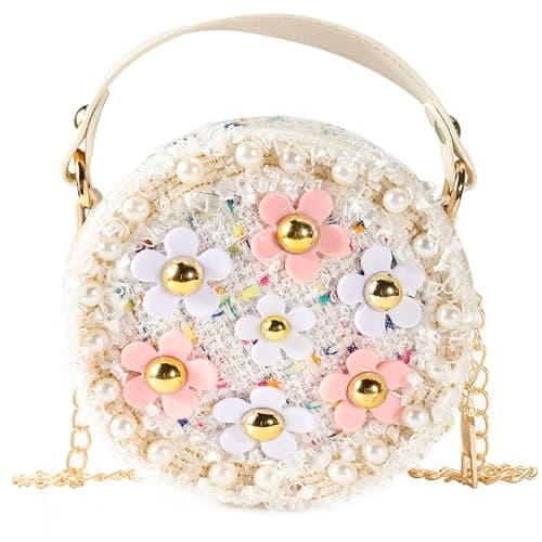 Forwe Little Girls Toddler Crossbody Purse with Pearl Flowers Mini Cute Princess Handbags Shoulder Chain Bag - Image 1