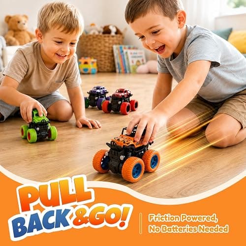 ANAOER 4 Pack Monster Trucks Toys for Boys 2 3 4 5 6 7 Year Old, Friction Powered Pull Back Car Toys for Toddlers Kids Ages 3-5 2-4 4-7, Best Birthday Christmas Party Gift for Boys and Toddlers thumbnail 3