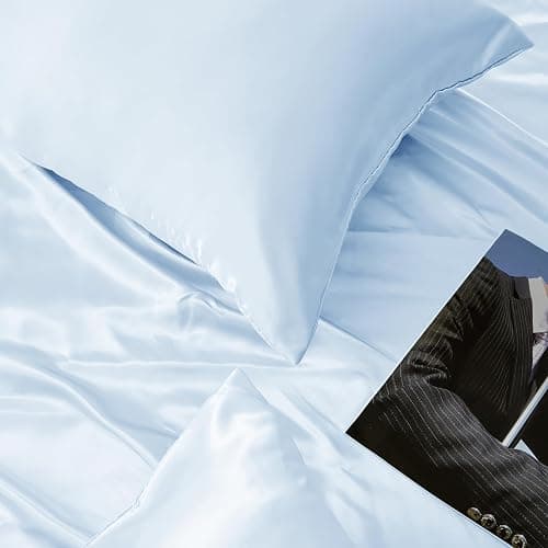 HommxJF Light Blue Satin Pillowcase Standard Set of 2 with Envelope Closure，Light Blue Silk Pillowcase for Hair and Skin (20x26) thumbnail 4