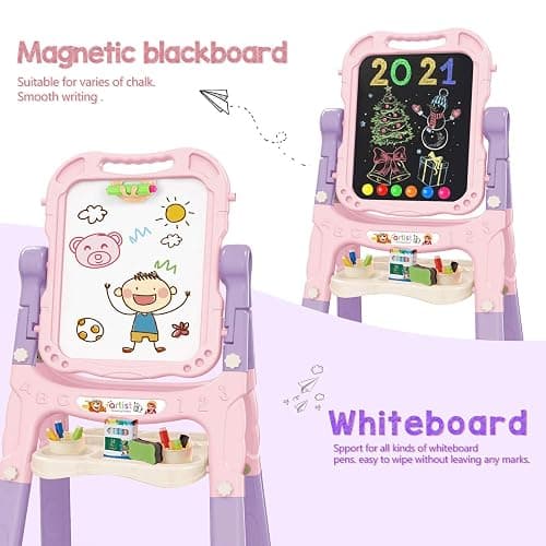 Mojitodon Art Easel for Kids, Adjustable Standing Rotatable Double Sided Easel with Painting Accessories for Toddlers Boys and Girls-Pink thumbnail 7
