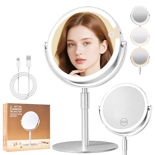 FRANO Vanity Mirror with Lights, 8" Dual-Sided Makeup Mirror with Magnification 1X/10X, 3 Color & Stepless Dimming, Rechargeable, 360° Rotation & Height Adjustable, Gifts for Women - Image 1