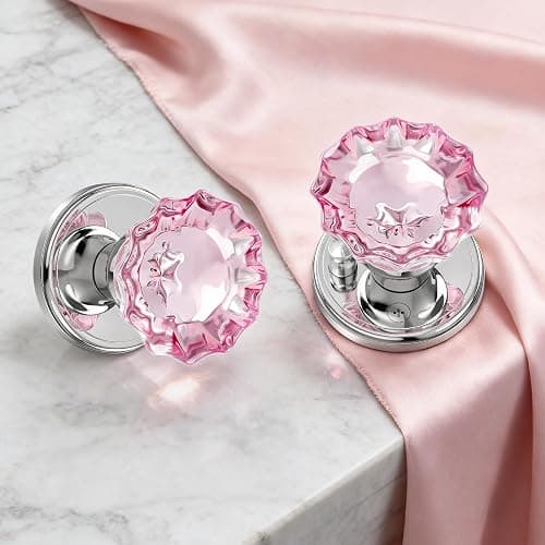 SHINY HANDLES Pink Glass Door Knobs Interior with Lock, Crystal Door Knob | Interior Rose Shape Polished Chrome Privacy Door Knob for Bedroom and Bathroom thumbnail 2
