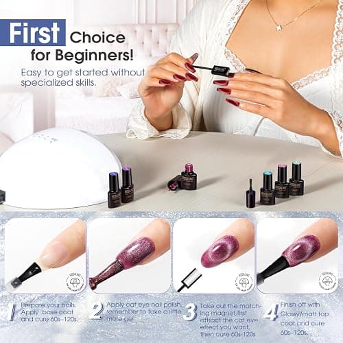 ROSALIND UV Nagellack Cat Eye, 12 Farben Silber Lila Braun Grün Rot Blau Magnetische Kristalle Gel Nagellack Katzenauge mit Magnet, Soak Off Mini Gel Nail Polish Cateye für Nail Art Maniküre thumbnail 6