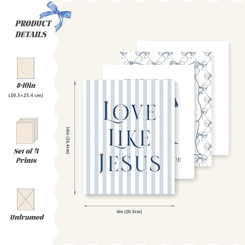LARTSFRO Coquette Navy Blue Bow Jesus Wall Art Decor Posters, Blue Bow Room Bedroom Bathroom Wall Art Decor Aesthetic for Teen Girls Gifts, Inspirational Bible Verses Bow Wall Decor, 8x10 Inch Set of 4 Unframed Bow Pictures - 8X10in - navy blue bow thumbnail 2