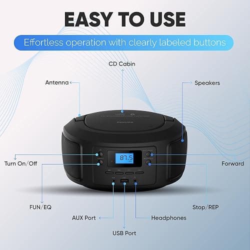 Philips CD Player Portable with Bluetooth, Crystal Clear Sound Top Loading CD Boombox with FM Radio, USB Port & Aux Input, Compact & Lightweight Design, CD-R/CD-RW/MP3 Compatible (Black) thumbnail 6