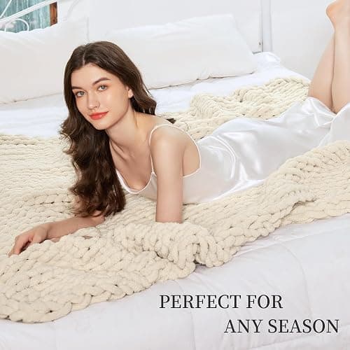Chunky Knit Blanket Throw for Couch, 51"x63" Chunky Yarn Knitted Blankets | 100% Hand Knit Thick Chenille, Soft Breathable for Bed, Sofa, Home Decor, Cozy Gifts for Women Friends, Ivory thumbnail 7
