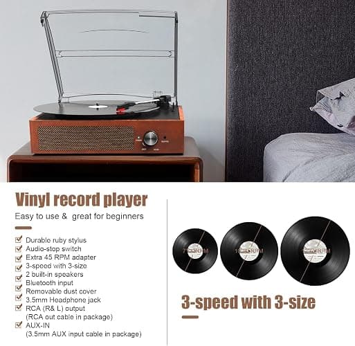 Vinyl Player Bluetooth Turntable Vinyl Record Player with Speakers Turntables for Vinyl Records 3 Speed Belt Driven Vintage Record Player Vinyl Turntable for Entertainment AUX in RCA Out thumbnail 5