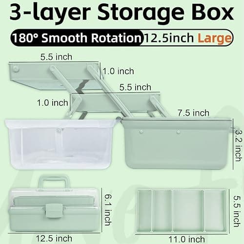 TERGOO 12.5in 3-Layer Multipurpose Craft Organizers and Storage with Adjustable Dividers, Portable Tackle Box, Folding Art & Craft Case for Medicine, Tool, Sewing Organizer (Haze Green) thumbnail 3